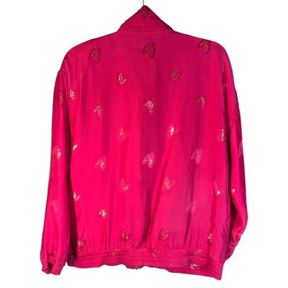 Abvien Vintage SILK Prink Gold Butterfly Bomber Jacket Barbie Zip Up Collared L - Picture 2 of 12
